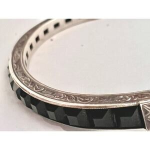 Art Deco Sterling Bangle Bracelet | Jet Black Glass Panels